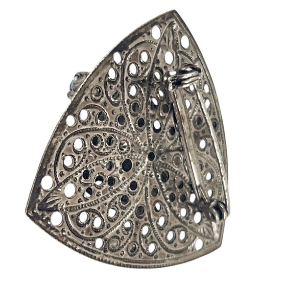 Vintage Silver-Tone Filigree Triangle Brooch With Blue Rhinestones - Picture 3 of 6